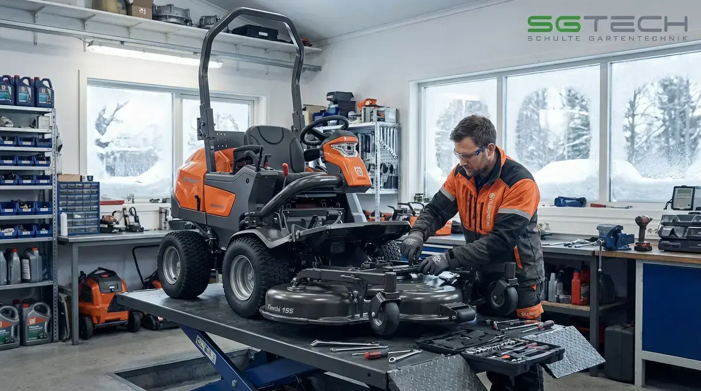 Ein Husqvarna P525DX Rider wird in der Werkstatt gewartet. Professioneller Rider für den Wintereinsatz.