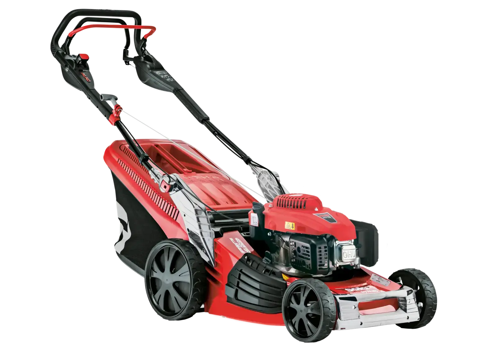 Roter Solo by ALKO 4852VS ALU Rasenmäher mit Benzinmotor, großem Fangkorb und ergonomischem Griff, bereit für effiziente Gartenarbeit.
