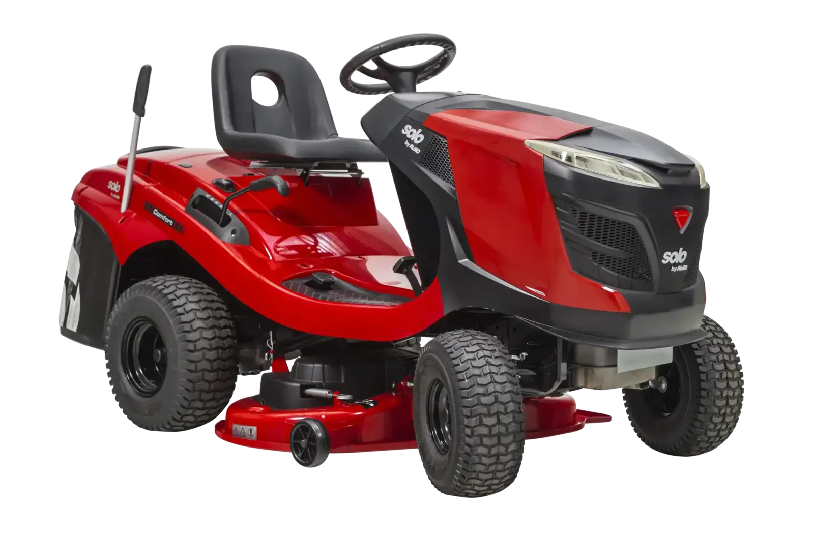 Roter Solo by Alko T18-103.4HD-A V2 Benzingerät Rasentraktor mit Komfortsitz und robusten Reifen, bereit für die effiziente Rasenpflege.