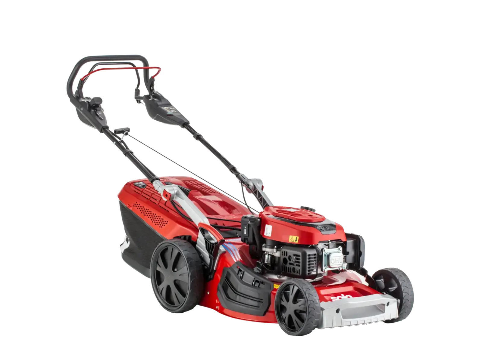 Roter Solo by ALKO 4754VSED-A Benzin-Rasenmäher mit Fangkorb, ergonomischem Griff und robustem Chassis.