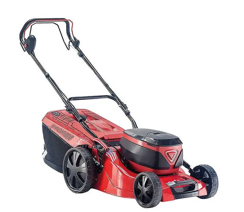 Roter Solo by ALKO 4735LIVS Akku-Rasenmäher auf weißem Hintergrund, mit ergonomischem Griff und Fangkorb.