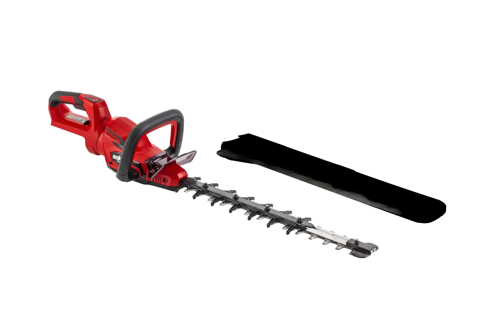 Rote Solo by Alko HT3645 Akku-Heckenschere mit schwarzen Griffen und silbernen Messern für effiziente Gartenpflege.