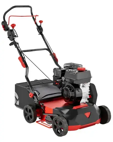 Solo by Alko 4076P Benzin-Vertikutierer, schwarz-rot, mit robusten Rädern und ergonomischem Griff für die Rasenpflege.