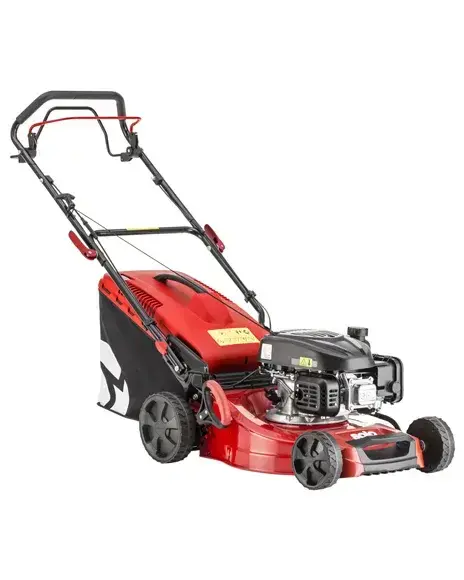 Roter Solo by ALKO 4216SP-A Benzin-Rasenmäher mit starkem Motor und Fangkorb für eine leichte Rasenpflege.