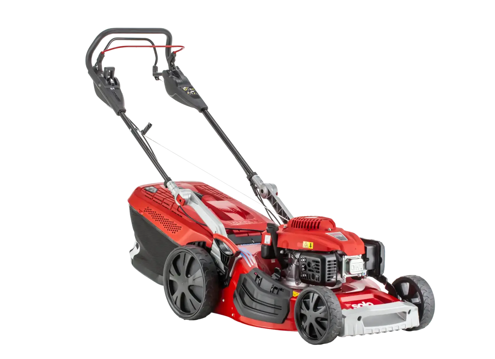 Roter Solo by ALKO 4754VS-A Benzin-Rasenmäher mit großen Rädern und ergonomischem Griff für einfache Bedienung. Ideal für die Gartenpflege.