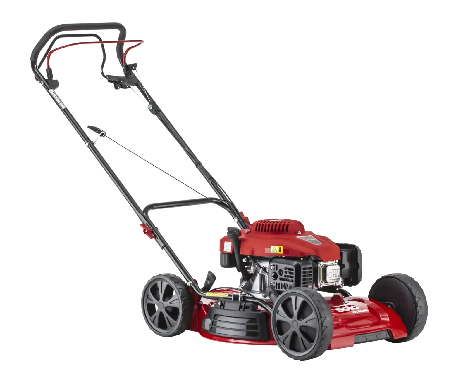Solo by ALKO 4734SP-A MULCH Benzingeräte: Roter Benzin Rasenmäher mit Mulchfunktion, schwarzen Rädern und ergonomischem Griff.