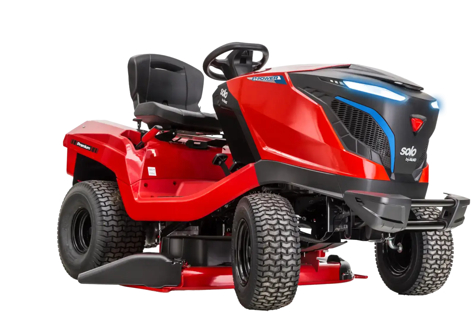 Solo by Alko T3100LI-95.5HDS Rasentraktor, rotes Akkugerät mit modernem Design, Frontansicht für effiziente Rasenpflege.