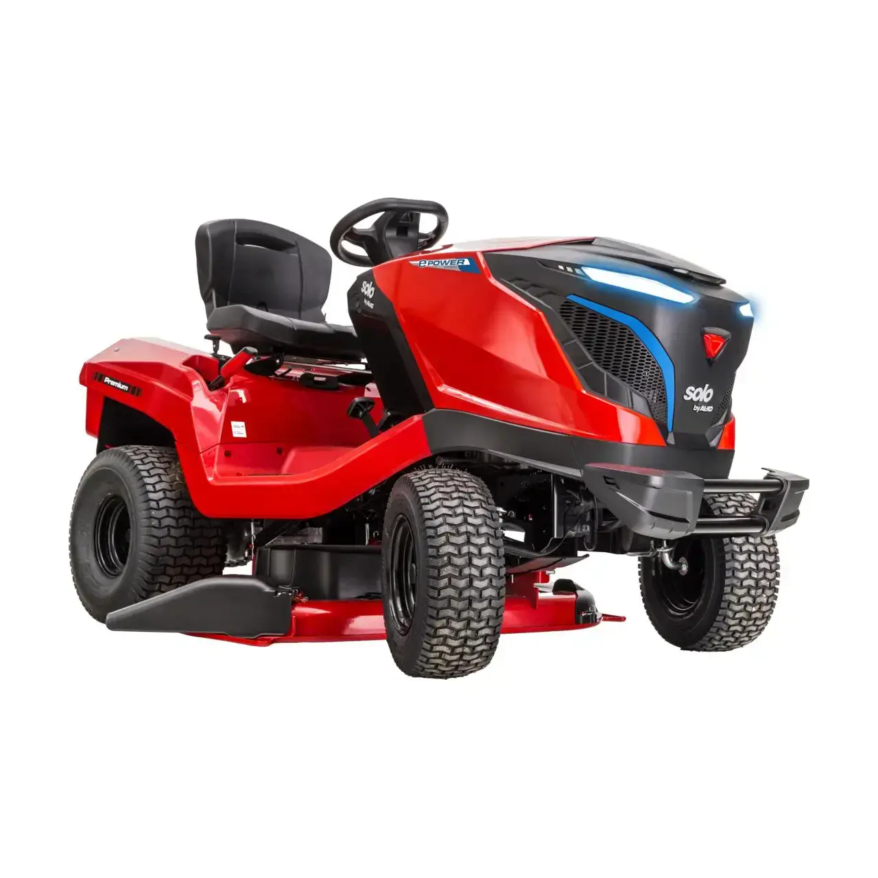 Roter Solo by Alko T6200LI-111.5HDS Akku-Rasentraktor. Modernes Design, komfortabler Sitz, robuste Reifen für die Gartenpflege.