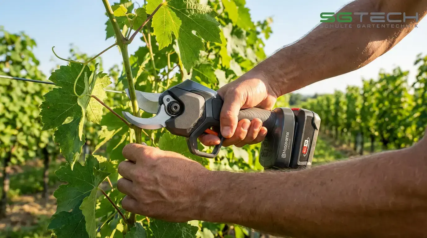 Nahaufnahme eines Winzers, der im sommerlichen Weingarten Reben mit der Husqvarna ASPIRE PS30X Astschere schneidet. Für präzise Weinpflege.