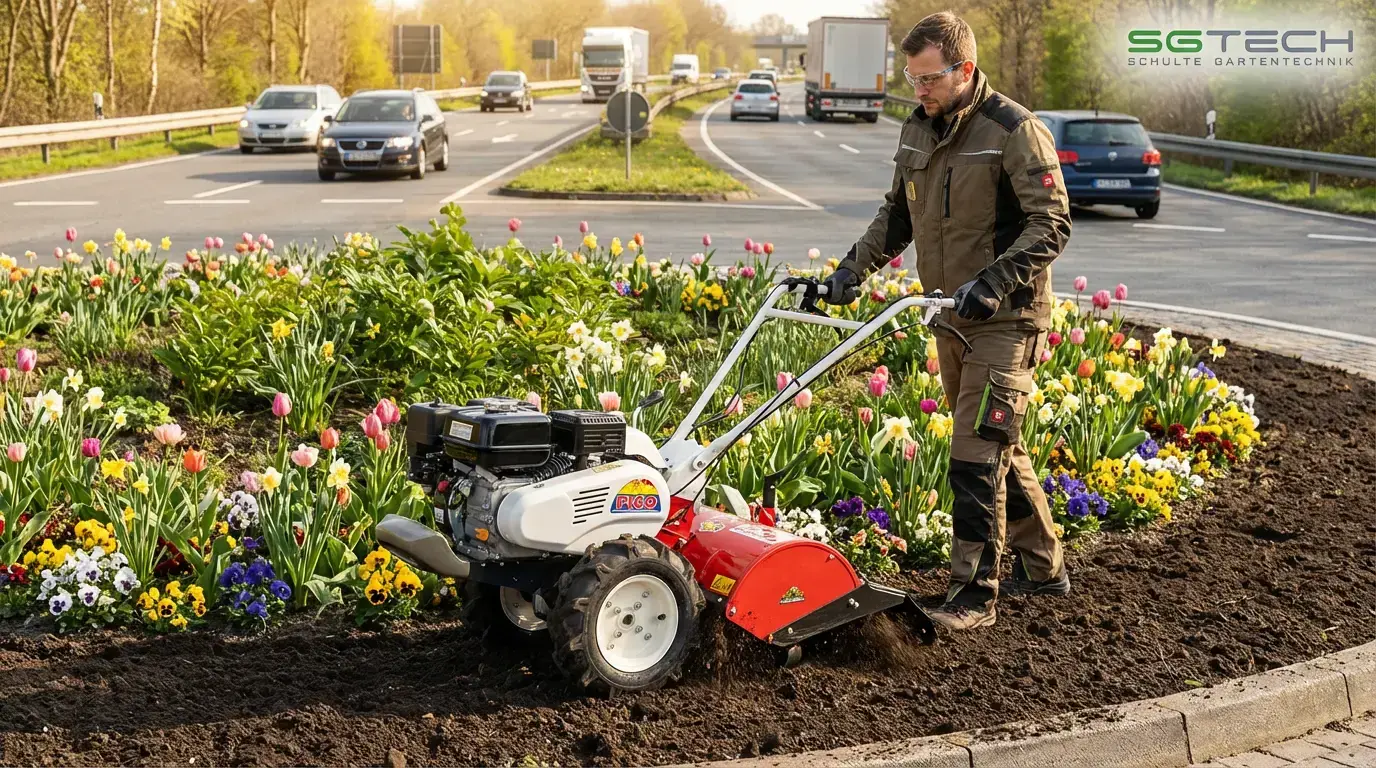 Ein Mann benutzt eine Herkules SF600D Bodenfräse, um ein Blumenbeet vorzubereiten.