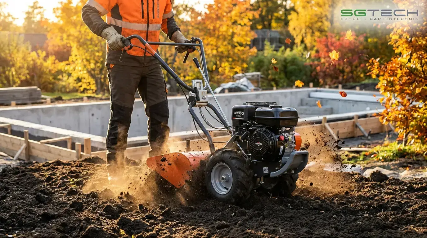 Ein Mann bedient eine Husqvarna TR348 Bodenfräse beim Umgraben des Bodens für einen Pool im Herbst.