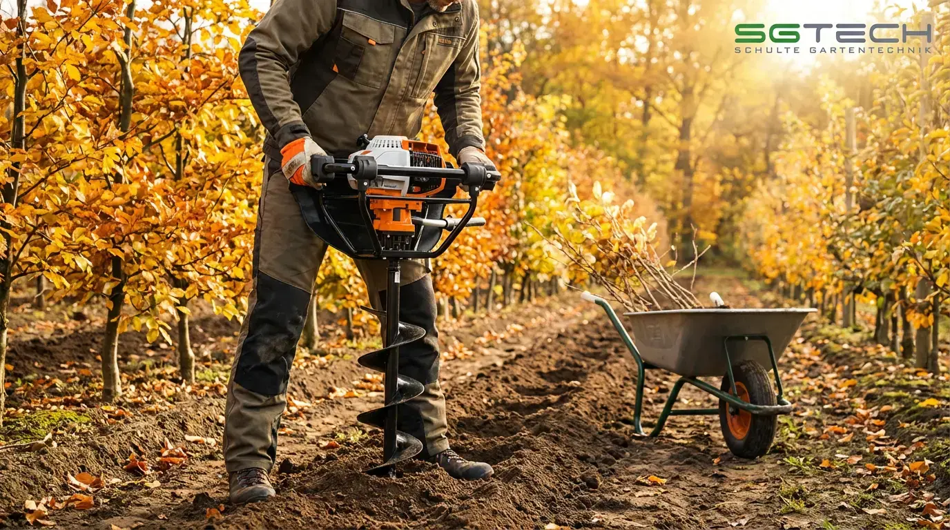 Ein Mann benutzt einen Stihl BT131 Sonstige, um im Herbst ein Loch in einer Baumschule zu bohren.