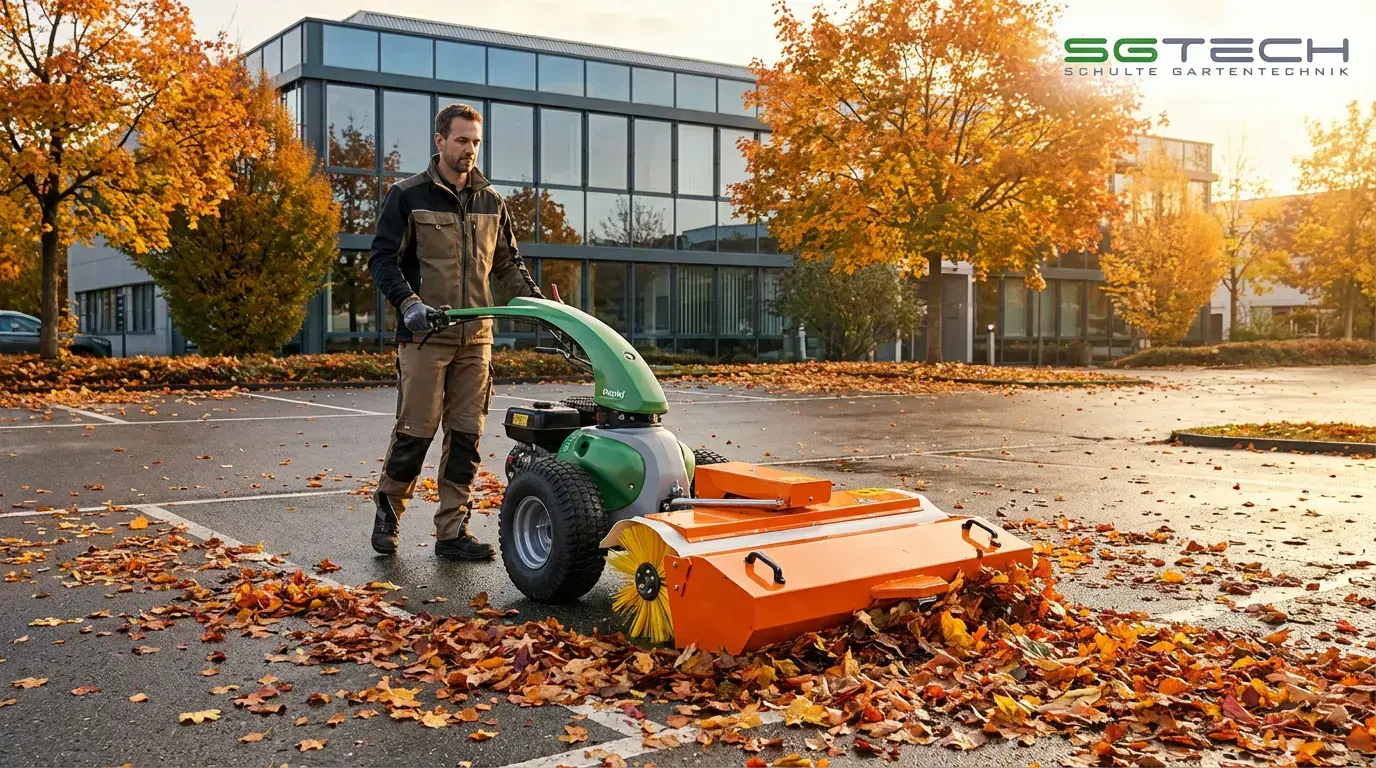 Ein Mann benutzt einen Rapid MONDO M091 Einachser, um im Herbst Laub auf einem Parkplatz zu kehren.