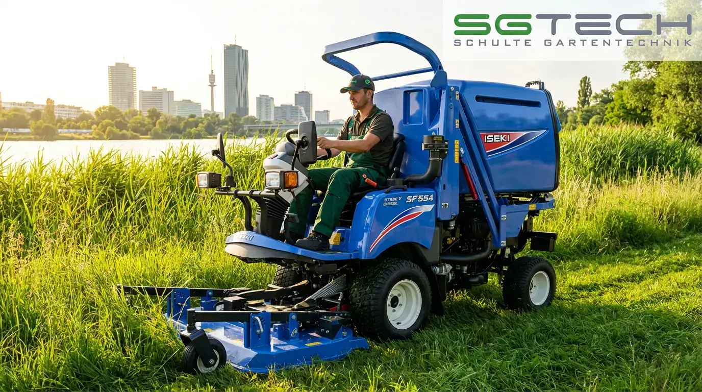 Ein blauer Iseki SF551 Großflächenmäher mäht hohes Gras auf der Donauinsel im Sommer.