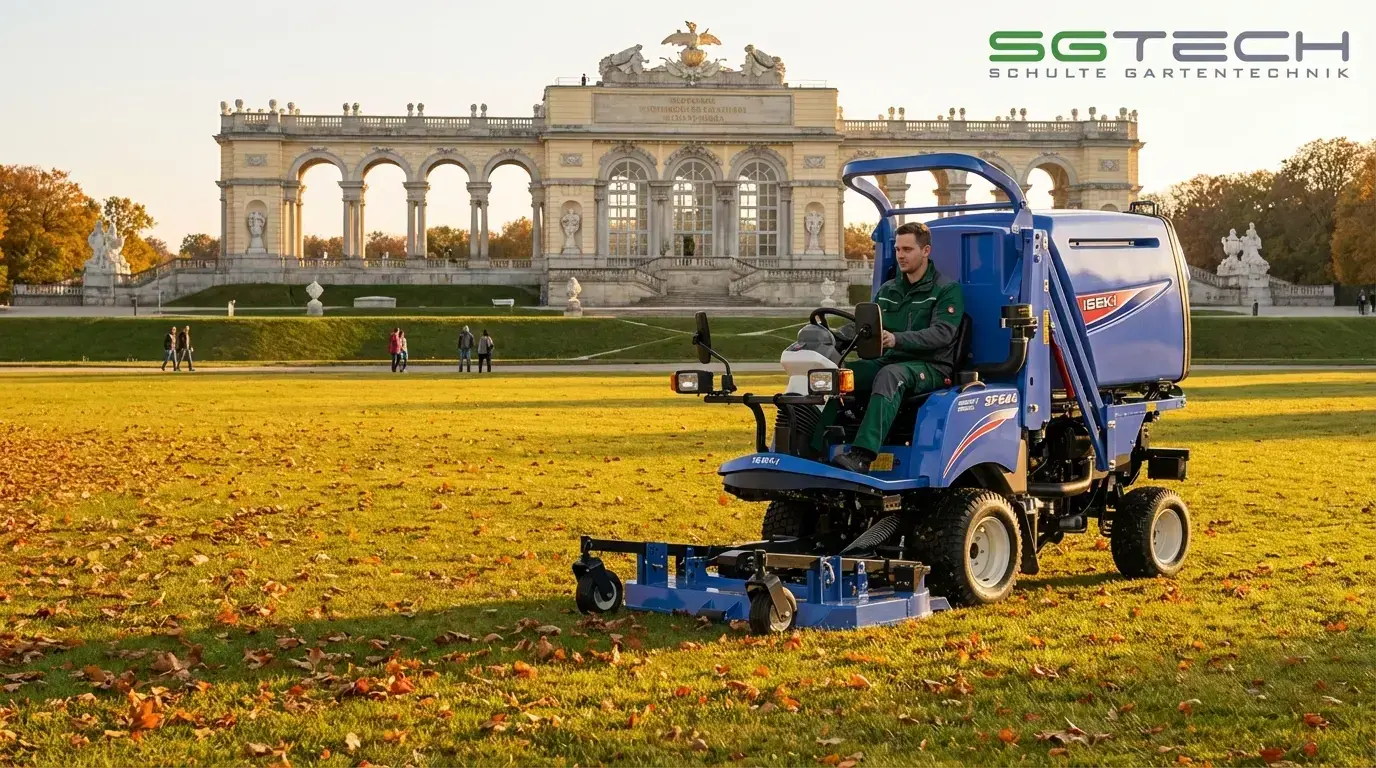 Ein blauer Iseki SF551 Großflächenmäher mäht den Rasen vor der Gloriette in Schönbrunn im Herbst