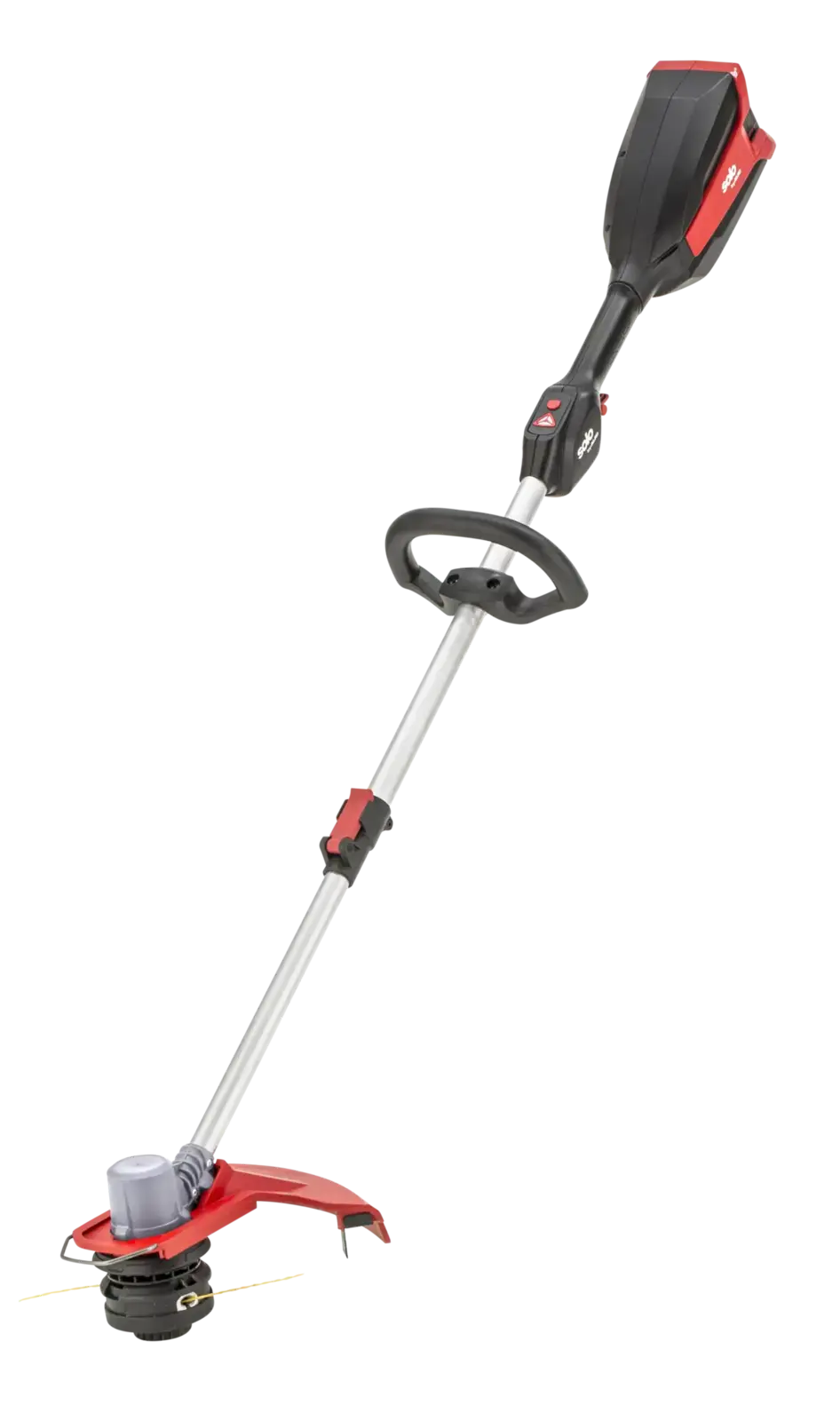 Solo by Alko GT3635L Akkugerät, ein kabelloser Rasentrimmer in Rot und Schwarz mit Schutzhaube und Fadenkopf, aus der Seitenansicht.