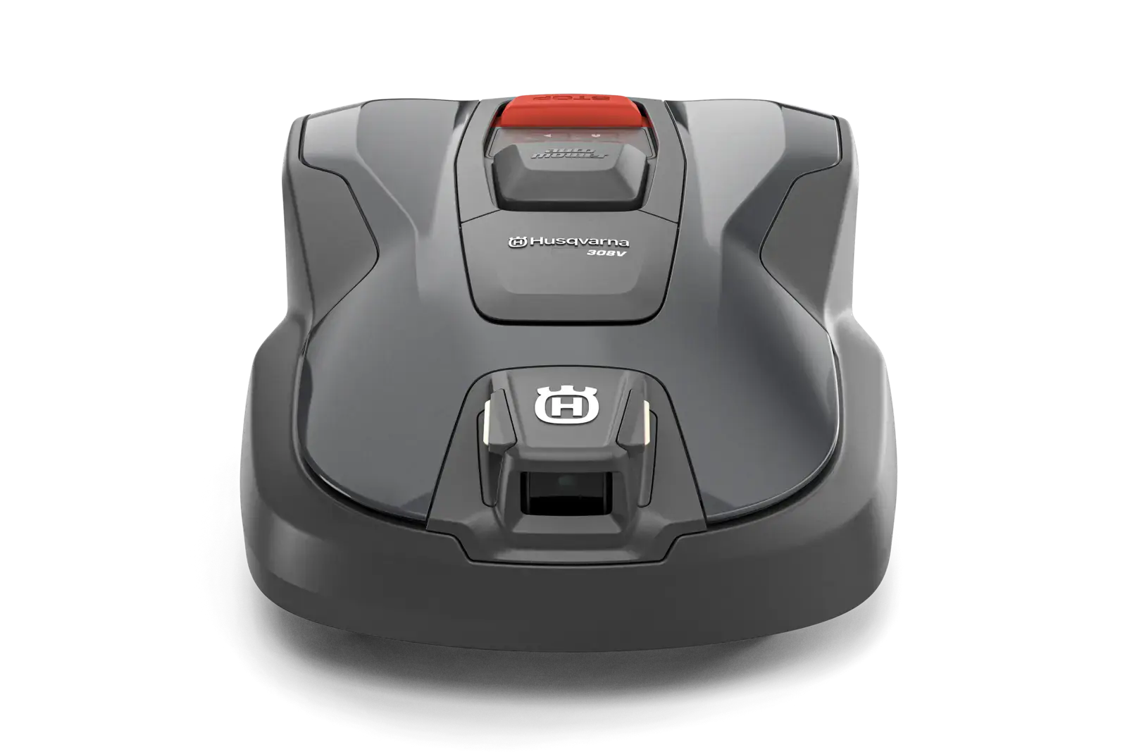 Grauer Husqvarna 308V Rasenroboter, Akkugerät, von vorne. Mit rotem STOP-Knopf und Husqvarna Logo. Für autonome Rasenpflege.