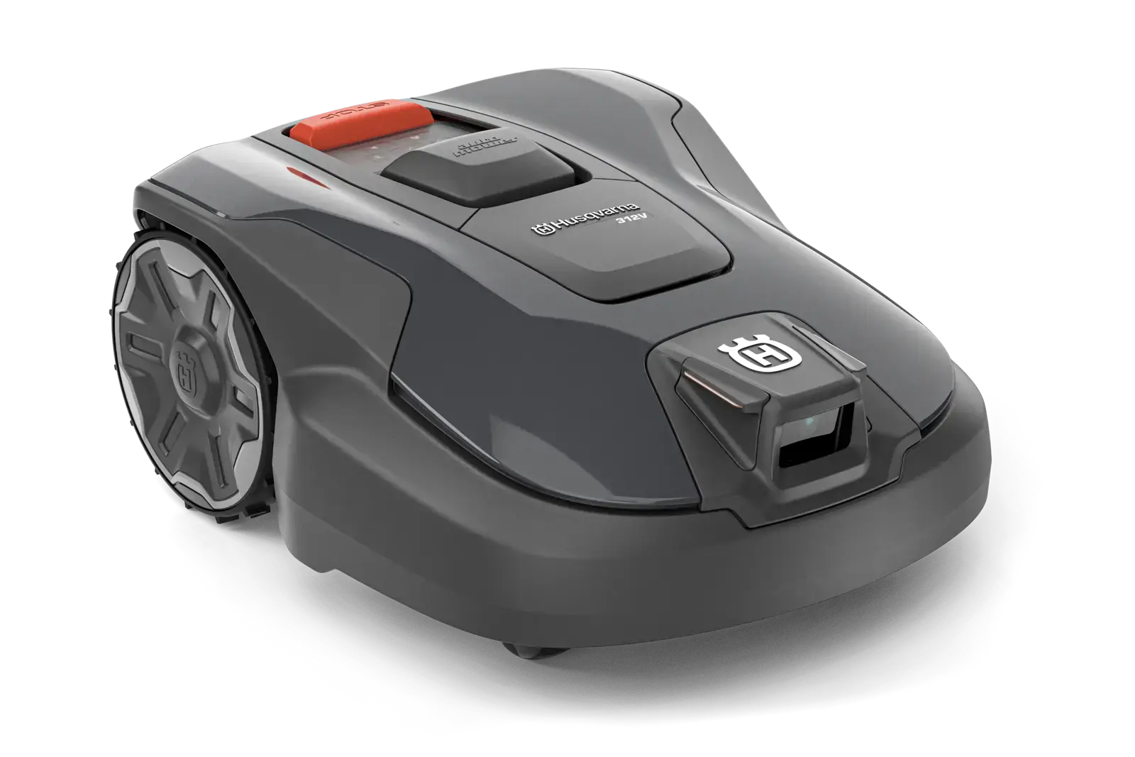 Nahaufnahme des Husqvarna 312V Akkugerät Rasenroboters in Dunkelgrau mit orangem Stopp-Knopf, seitlichen Rädern und Frontsensor, auf schwarzem Hintergrund.