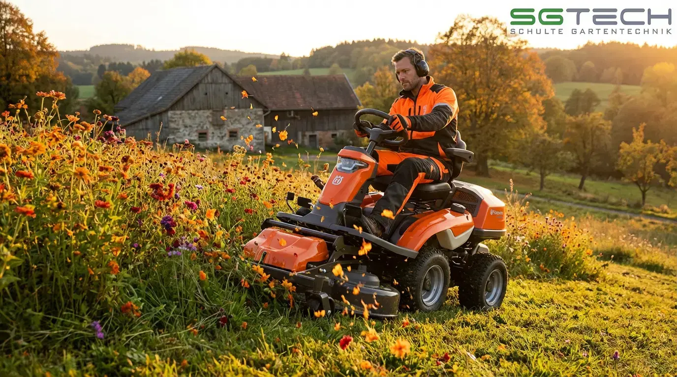 Ein Husqvarna R316TSX AWD Rider mäht eine hohe Blumenwiese an einem steilen Hang im Herbst.