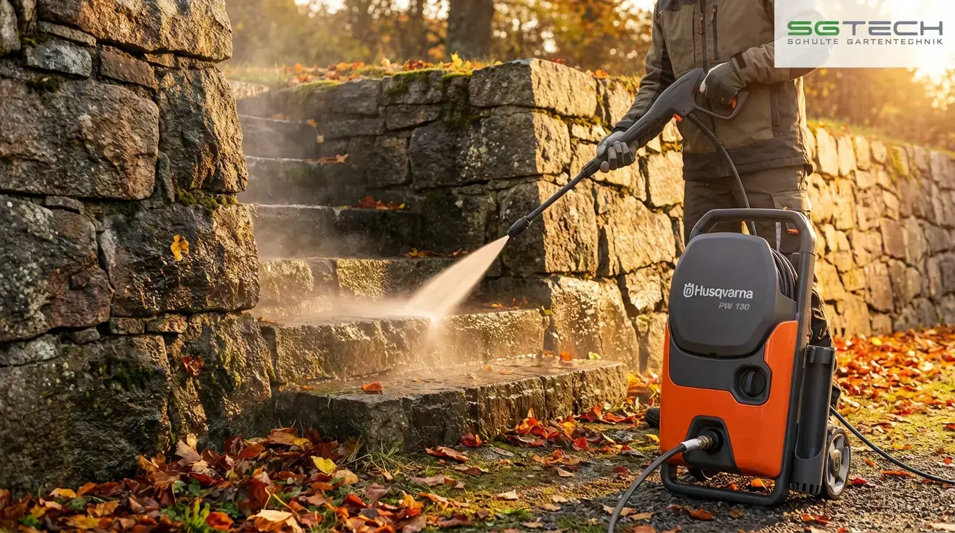 Ein Husqvarna PW130 Hochdruckreiniger wird verwendet, um eine steinerne Gartentreppe im Herbst zu reinigen.