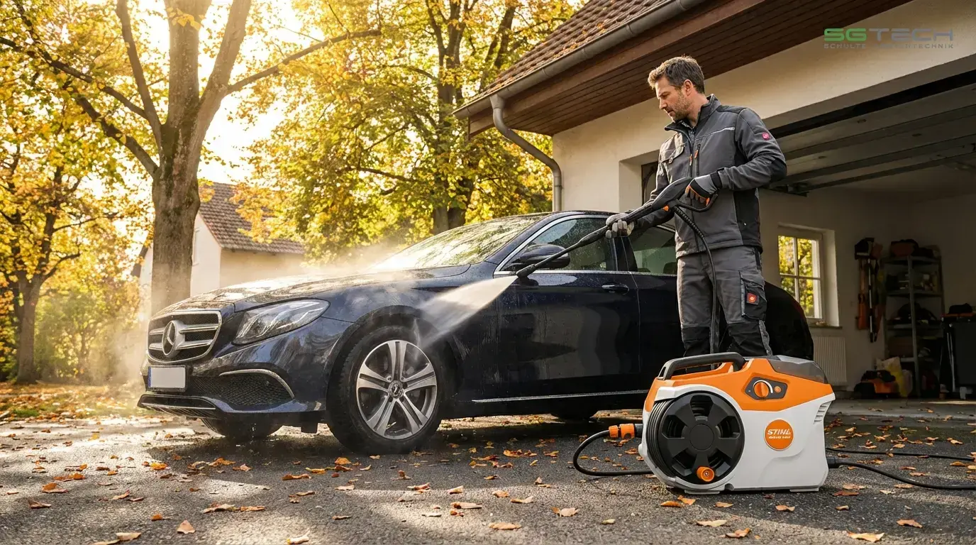 Ein Mann benutzt einen Stihl REA60 PLUS Hochdruckreiniger, um sein Auto in der herbstlichen Garageneinfahrt zu reinigen.