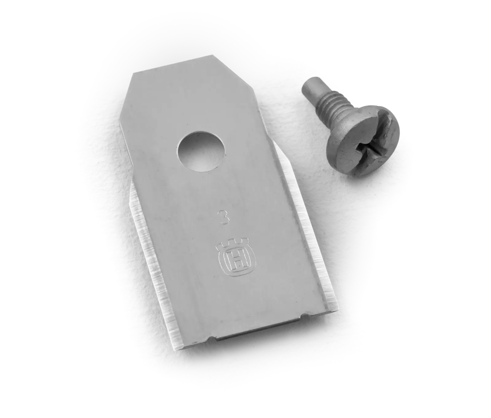 Husqvarna MESSER Akkugeräte Klinge und Schraube. Hochwertiges Ersatzmesser für Rasenroboter, detailreich auf schwarzem Hintergrund.