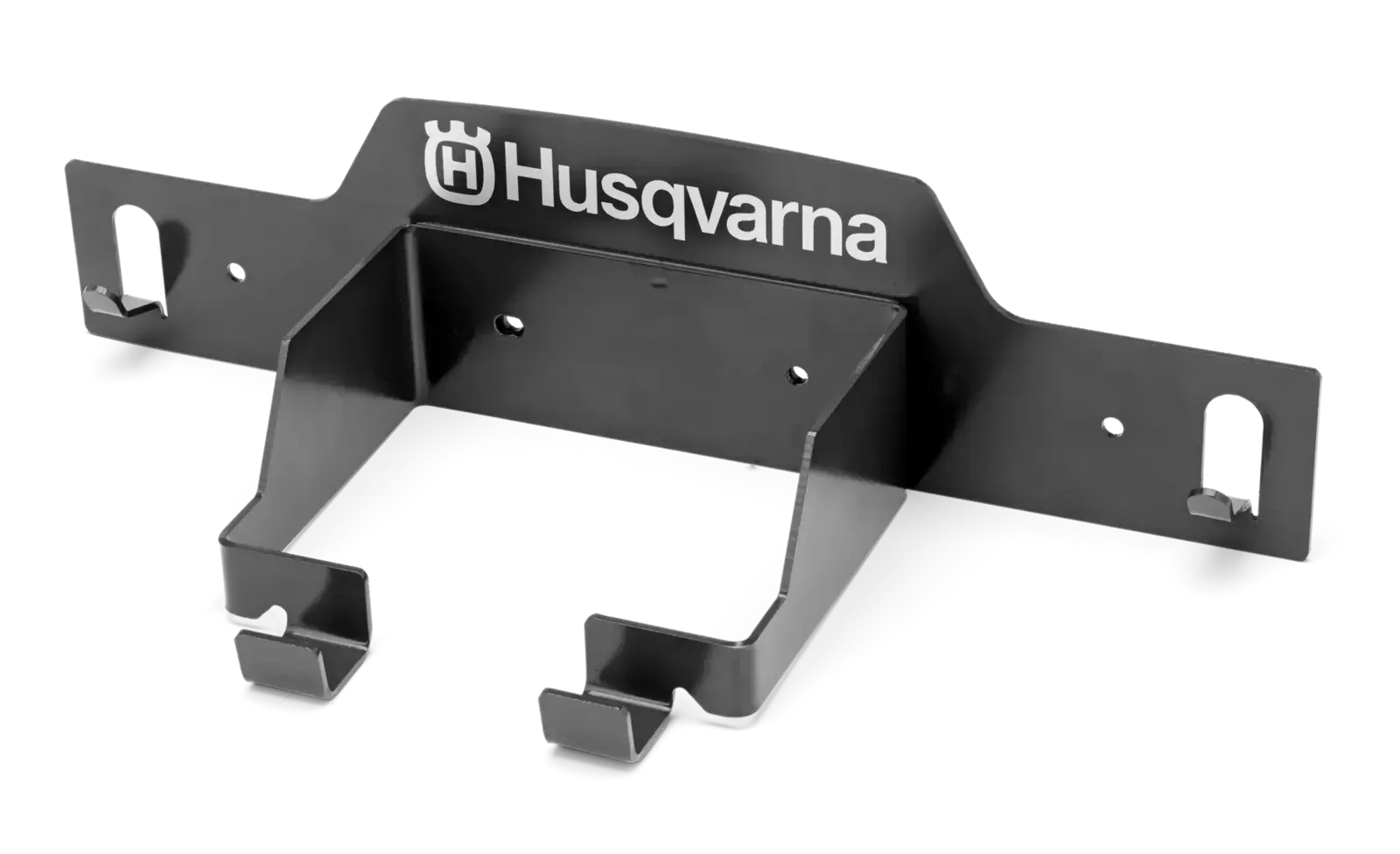 Schwarze Husqvarna WANDHALTERUNG für Akkugeräte und Rasenroboter Zubehör, montierbar an der Wand, mit Husqvarna Logo.