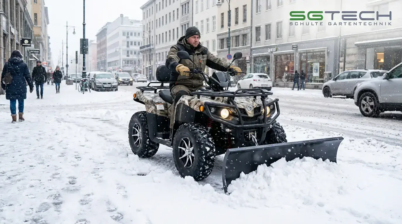 Ein Carello ATV ALLRAD ROBUST Quad räumt Schnee in der Stadt im Winter.