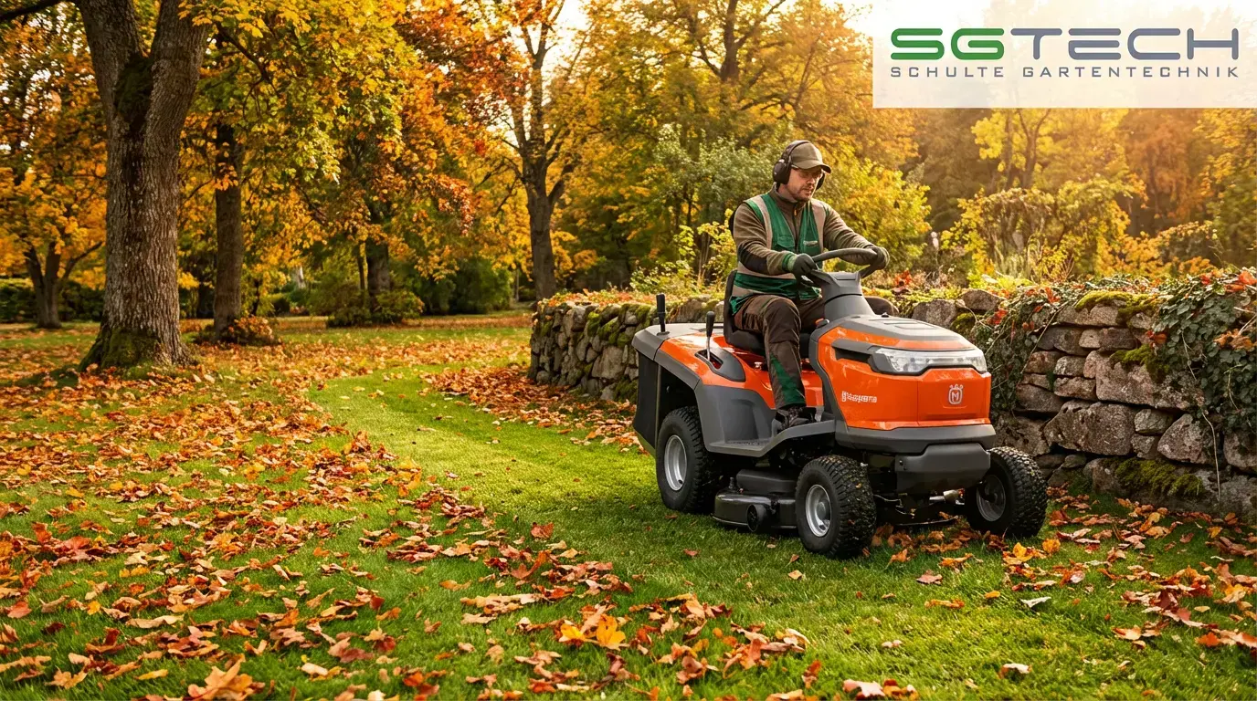 Ein Mann auf einem Husqvarna TC100I Rasentraktor mäht Rasen in einem herbstlichen Garten mit Laub und einer Steinmauer.