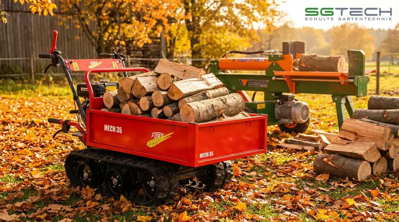 Roter Fort MECH 35 Raupentransporter beladen mit Holz auf einem Bauernhof im Herbst.