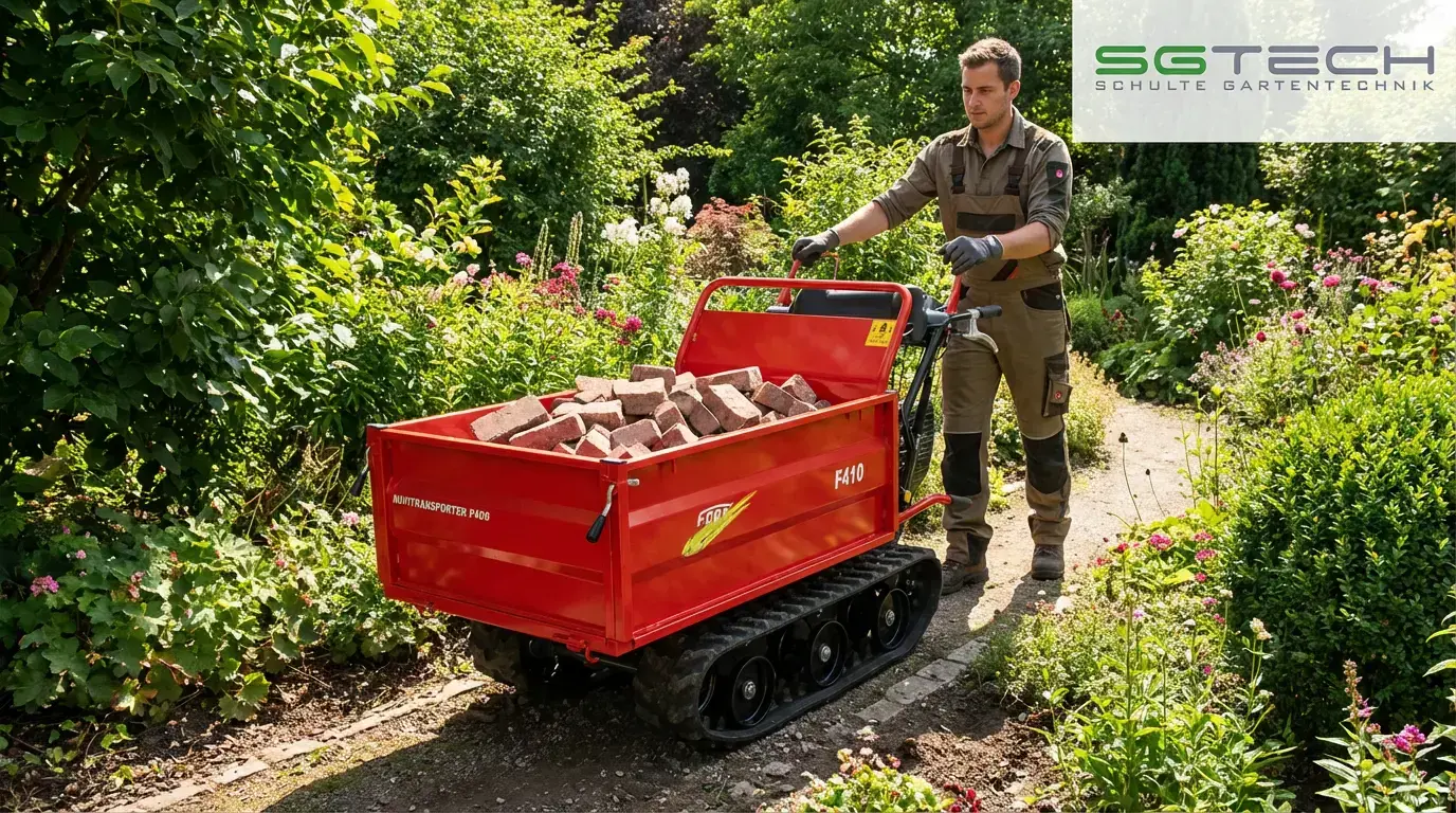 Ein roter Fort F410 Raupentransporter transportiert Ziegelsteine in einem Garten im Sommer.