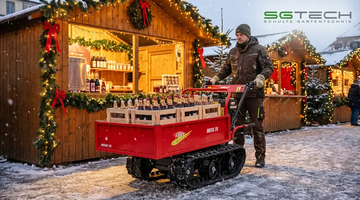 Ein roter Fort MECH 35 Raupentransporter transportiert Getränkekisten auf einem verschneiten Weihnachtsmarkt.