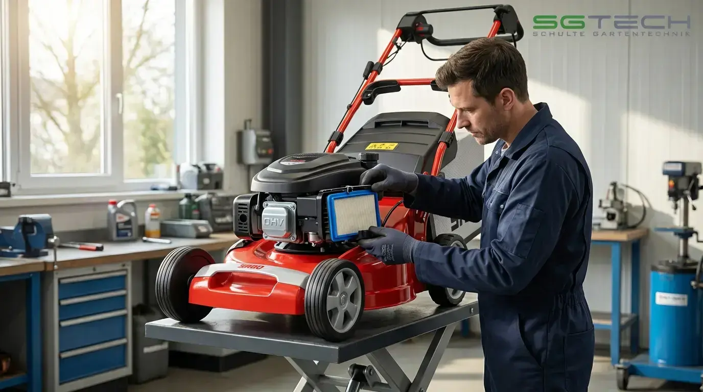 Ein Mechaniker wechselt den Luftfilter eines roten Sabo 54-VARIO Rasenmähers, der auf einer Hebebühne in einer Werkstatt steht.