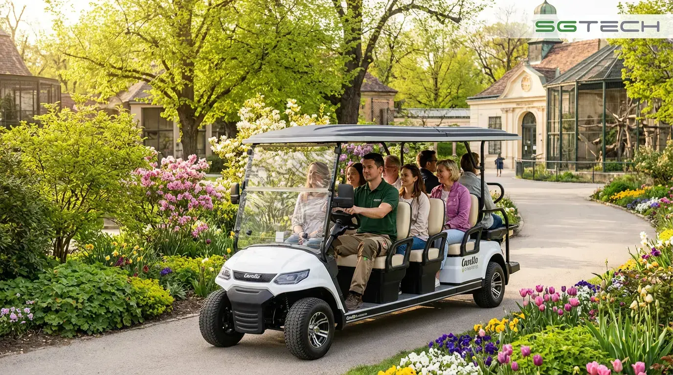 Carello TR8 Transporter fährt im Frühling mit Gästen durch den Tiergarten Schönbrunn.