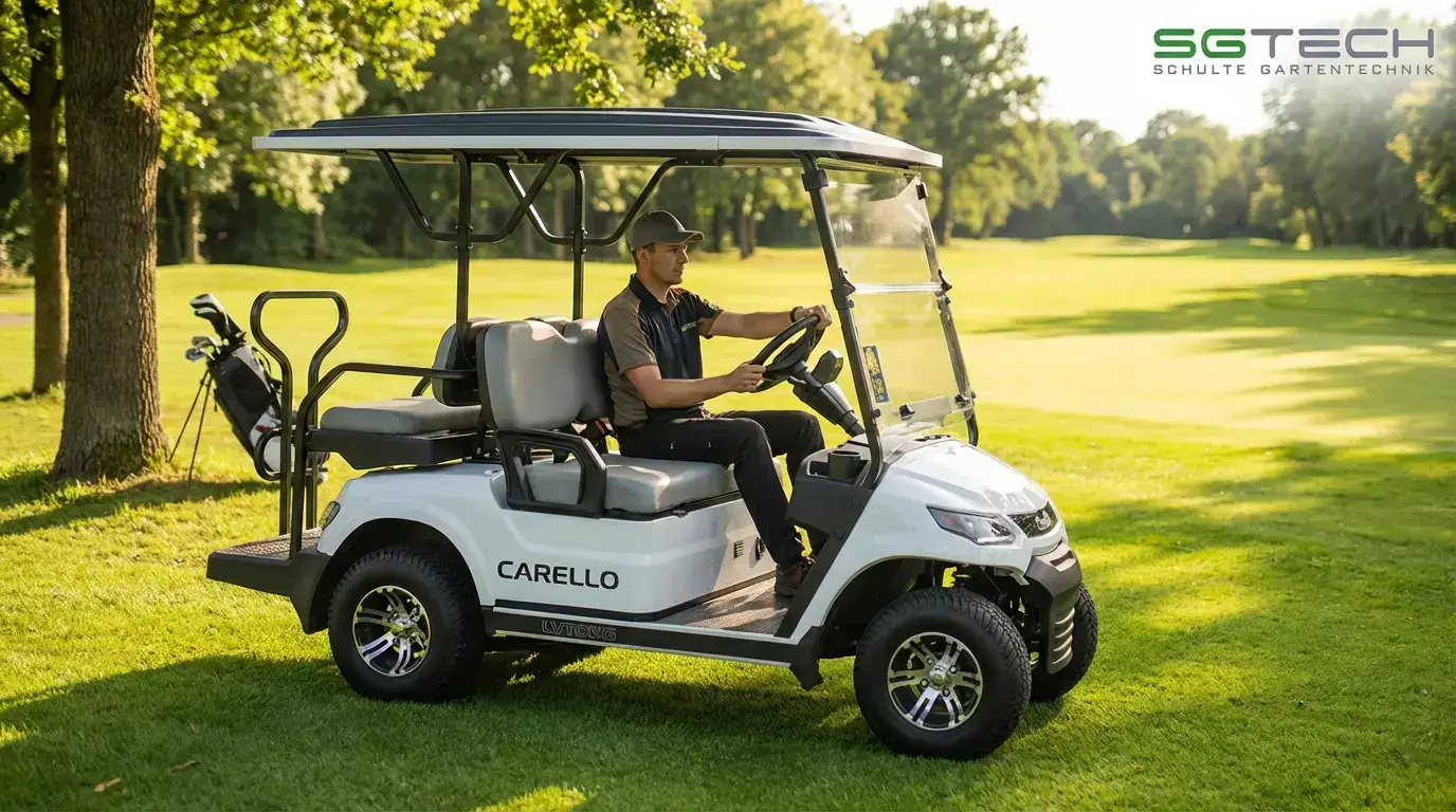 Weißer Carello TR5 Transporter auf einem Golfplatz mit Golfer und Golfbag im Sommer.
