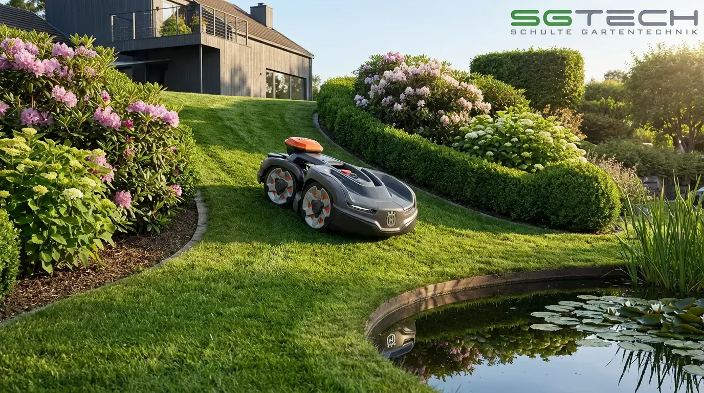 Husqvarna 435X AWD NERA Rasenroboter auf einem steilen Rasenhang mit Teich im Hintergrund bei sommerlichem Wetter.