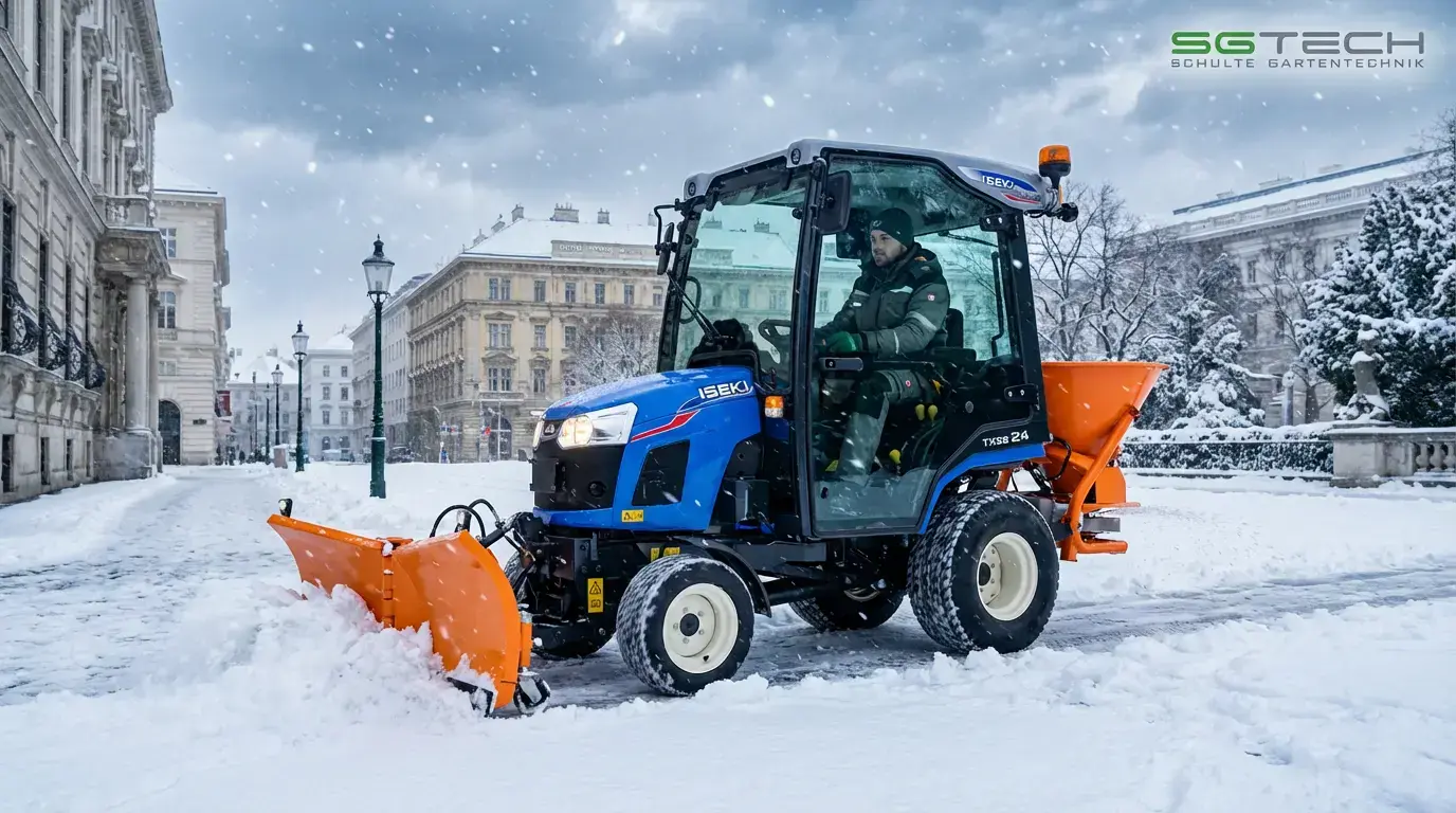 Iseki TXGS24AHLK Traktor im Winterdienst in Wien. Das Fahrzeug räumt einen verschneiten Gehweg mit Schneeschild und Streuer bei starkem Schneefall.
