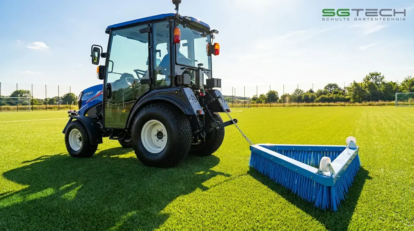 Blauer Iseki TM4270AHLK Traktor mit Bürstenaufsatz pflegt einen grünen Kunstrasenplatz unter strahlendem Sommerhimmel.