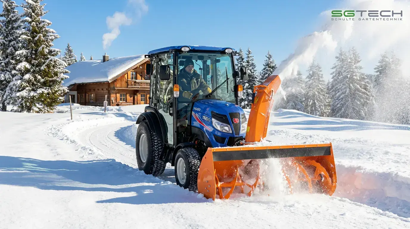 Der Iseki TH5420AHLK Traktor mit Schneefräse räumt Schnee vor einer Skihütte im Winter.