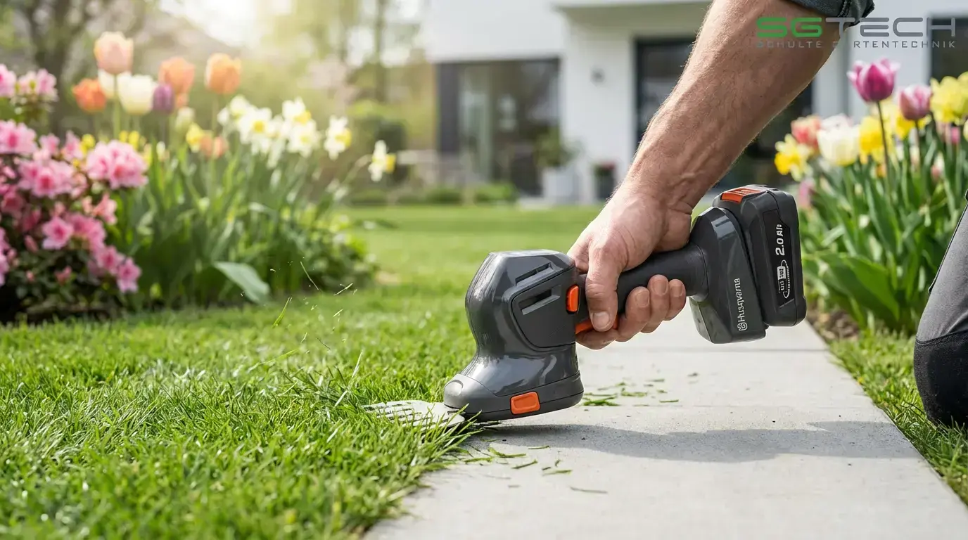 Mann schneidet Rasenkante mit Husqvarna ASPIRE S20-P4A Strauchschere im Frühling, Blumen blühen im Hintergrund.
