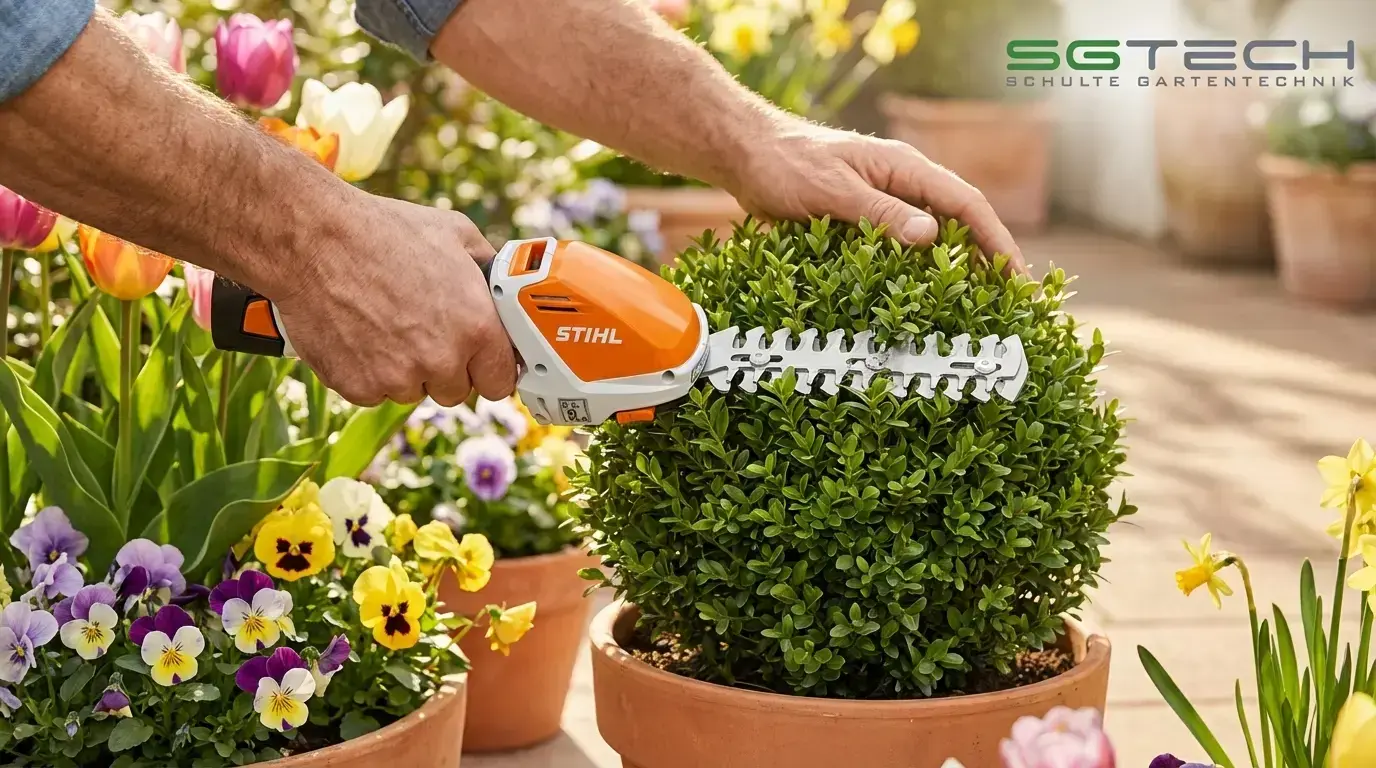 Ein Mann schneidet eine Buchsbaumkugel mit der Stihl HSA26 Strauchschere auf einer Terrasse.