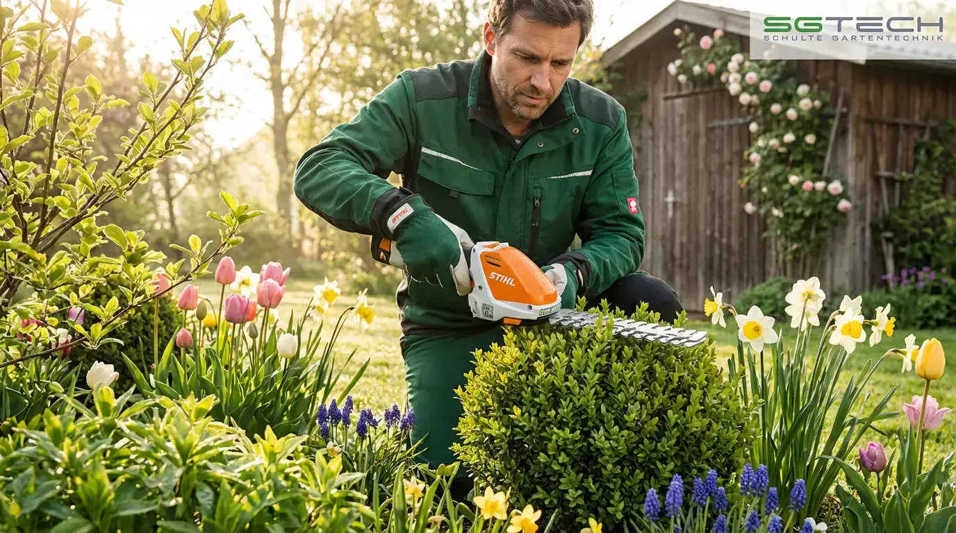 Ein Mann schneidet einen kleinen Strauch mit der Stihl HSA26 Strauchschere in einem kleinen Garten.
