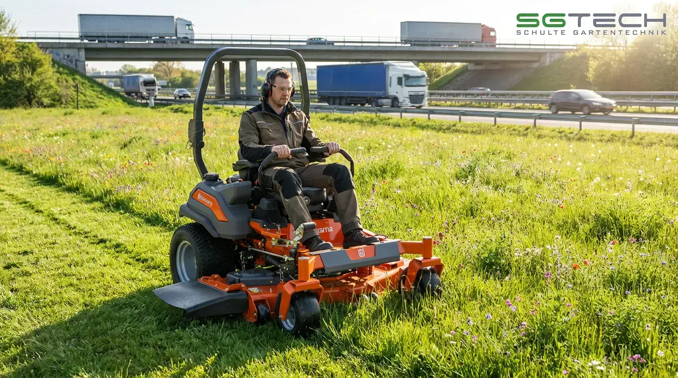 Ein Mann mäht Gras mit einem Husqvarna Z560X Zero Turn neben einer Autobahn im Frühling.