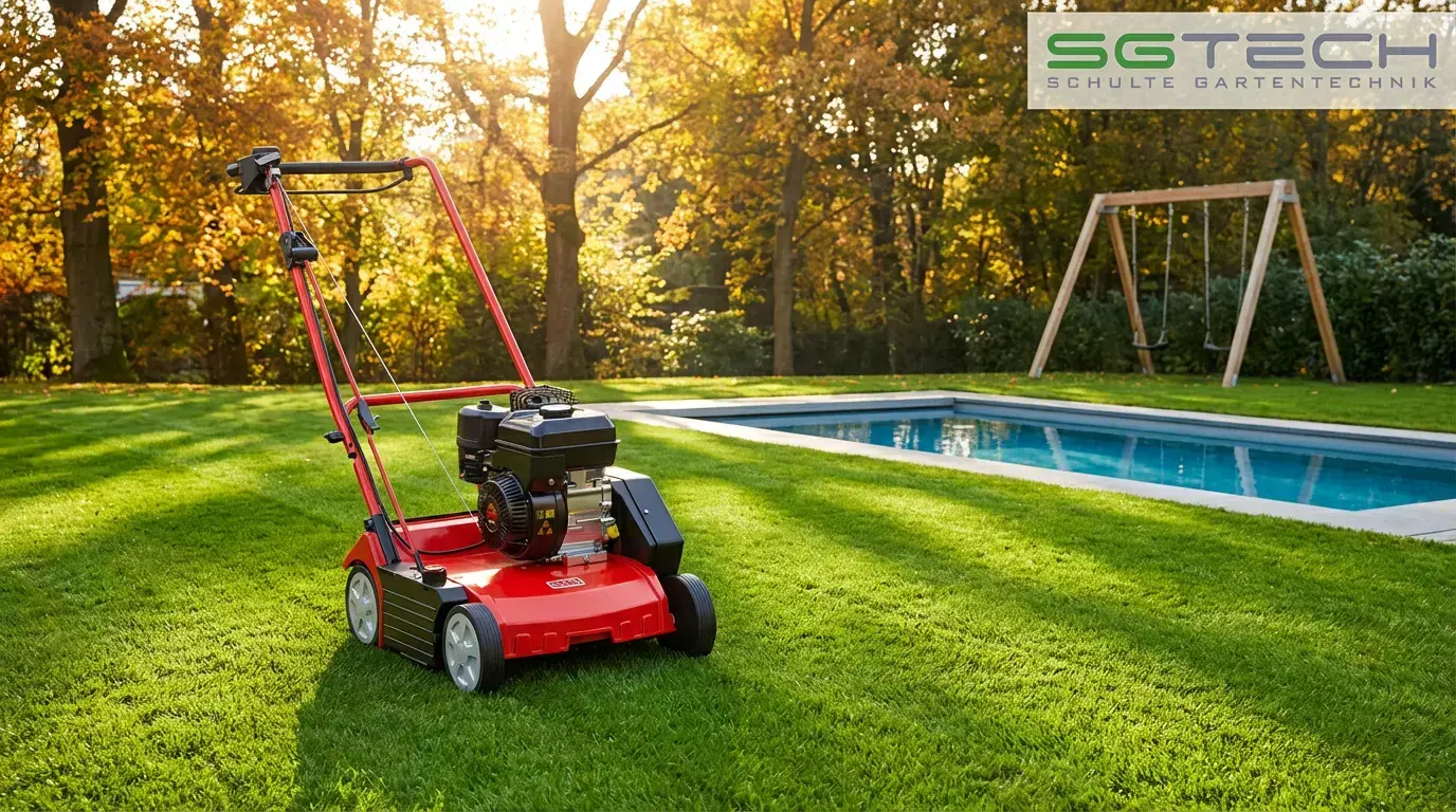 Ein roter Sabo 38-BV Vertikutierer auf einem gepflegten Rasen in einem modernen Garten im Herbst.