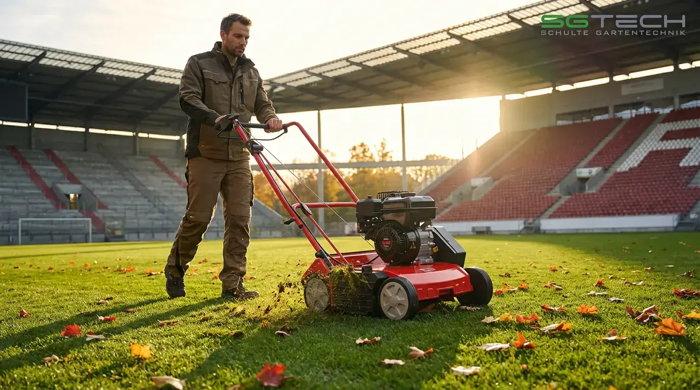 Ein Mann benutzt einen roten Sabo 38-BV Vertikutierer auf dem Rasen eines Fussballstadions im Herbst.