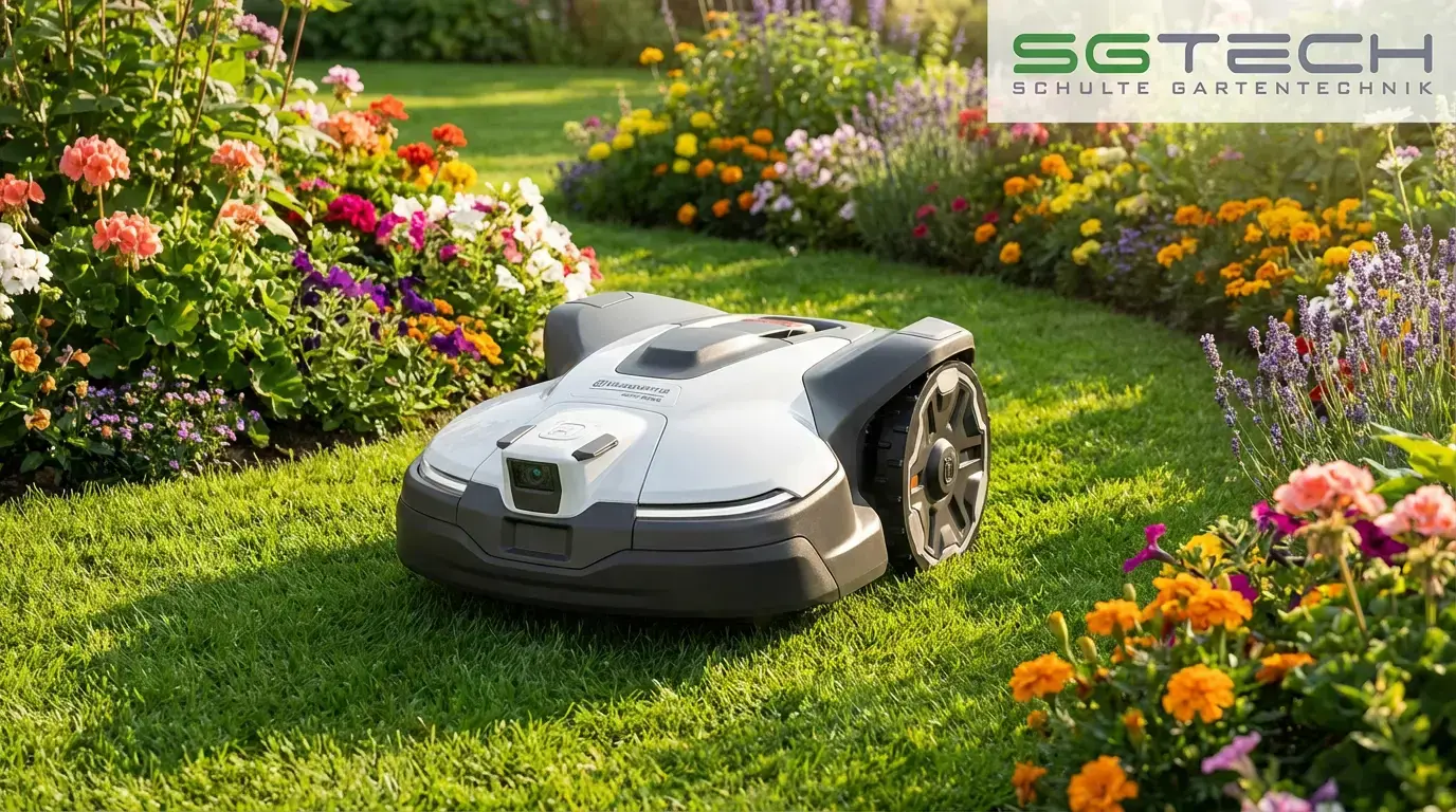 Husqvarna 430V NERA Rasenroboter mäht autonom einen gepflegten Rasen zwischen bunten Blumenbeeten bei hellem Sonnenschein.