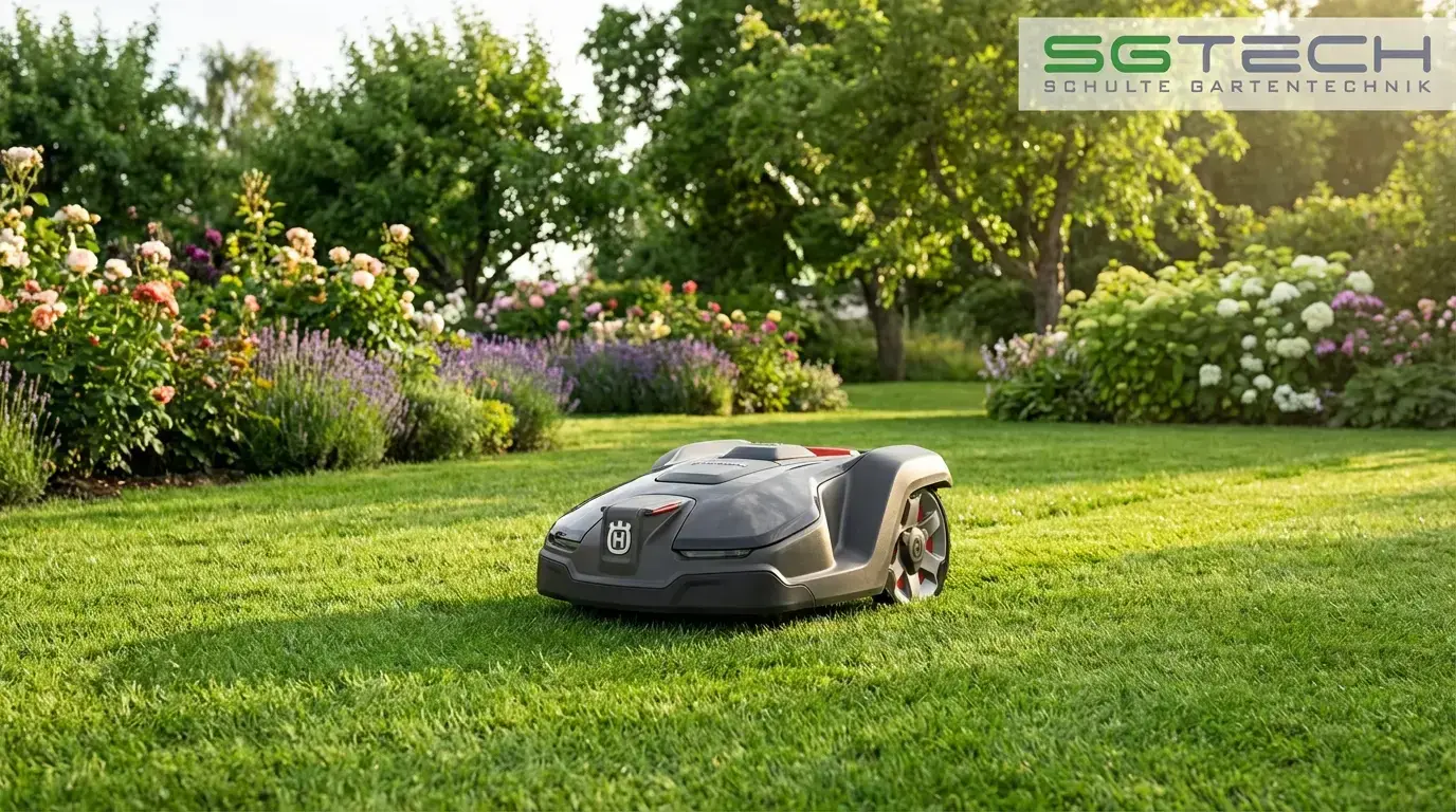 Husqvarna 308V Rasenroboter auf einem gepflegten grünen Rasen, umgeben von blühenden Blumenbeeten in einem sommerlichen Garten.
