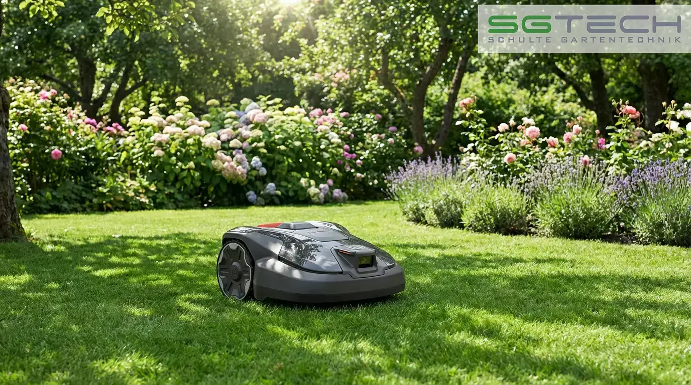 Ein Husqvarna 308V Rasenroboter mäht autonom den grünen Rasen in einem sonnigen Garten mit blühenden Blumen und Bäumen im Sommer.