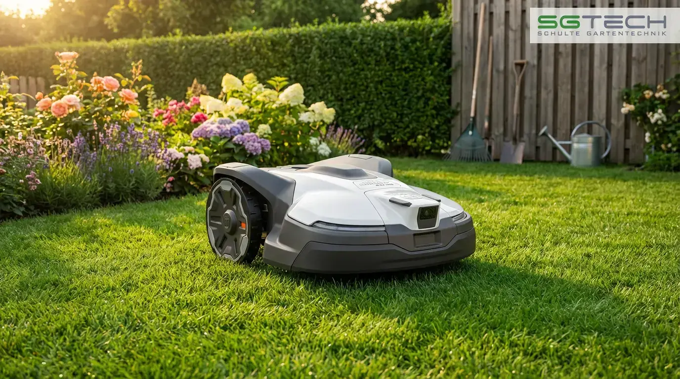 Husqvarna 430V NERA Rasenroboter mäht einen grünen Rasen in einem sommerlichen Garten mit Blumenbeeten und Gartengeräten im Hintergrund.