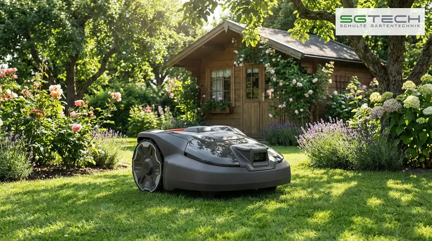 Husqvarna 312V Rasenroboter mit Kamera mäht im Sommer einen Garten. Im Hintergrund ein Kleingartenhaus und zwei alte Damen am Zaun.